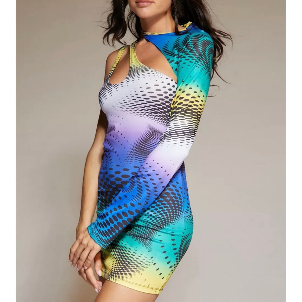 Y2K Dot Swirl Print Asymmetric Dress With Matching Sleeve